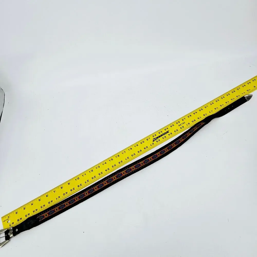 Vintage Women's Black Southwestern Leather Belt colorful silver buckle size M